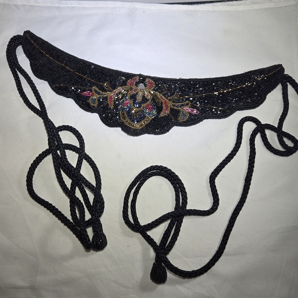 Vintage Lillian Vernon Black Beaded Cord Women's New York Sash‎ Tie Belt 1980s